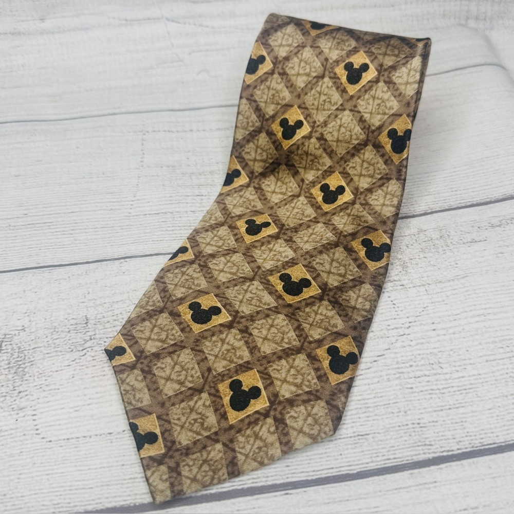 Disney Mickey‎ Mouse Brown Geometric Silk Necktie Tie Walt Disney World